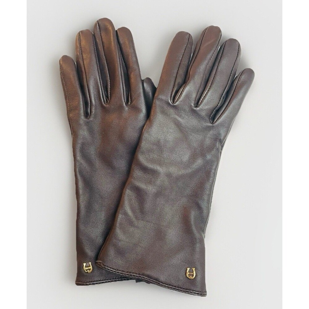 Etienne Aigner Brown Leather Gloves with Gold Hardware